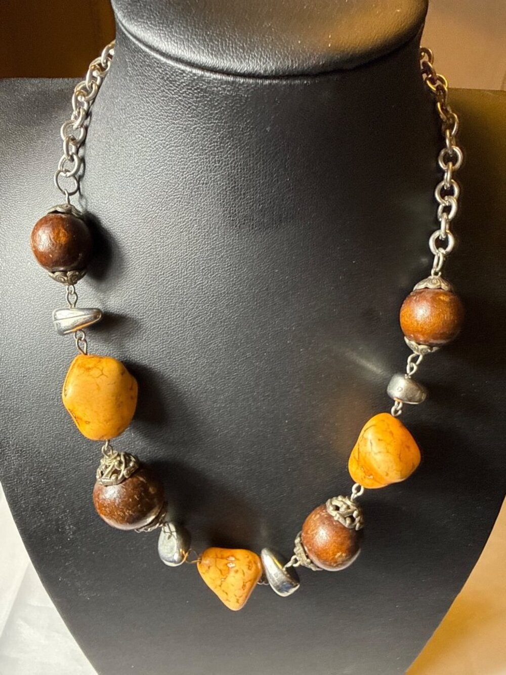 Vintage Boho Chunky Yellow Faux Jasper Stone Wood Filigree Statement Necklace